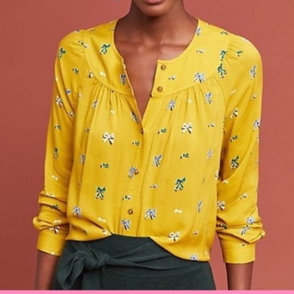 Anthropologie Tops - Anthro Yellow Bow Tie 26 of 52 Button Down Top 4 P